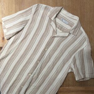 Zara Tan Striped Short Sleeve Button-Up Shirt M